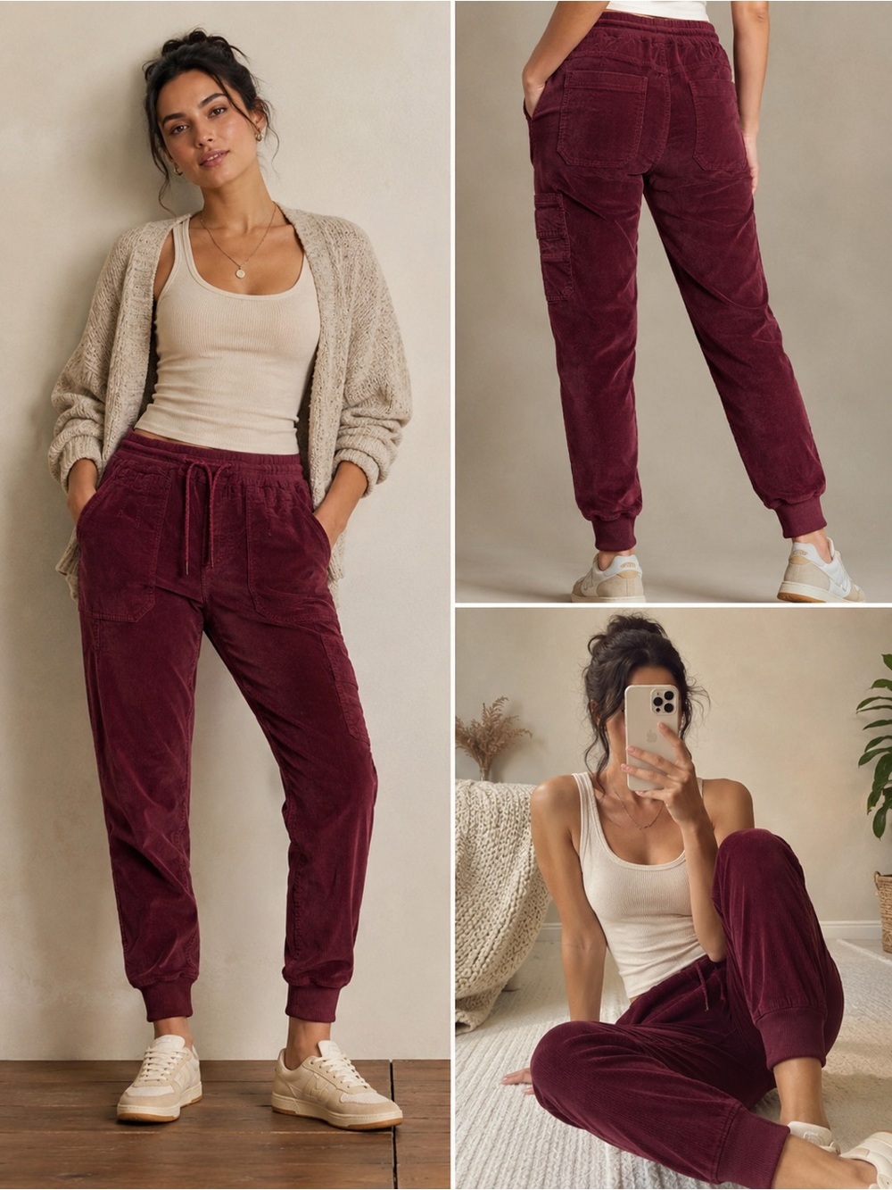 Anthropologie Corduroy Joggers Small Burgundy Cargo Utility Pull On Boho Lounge